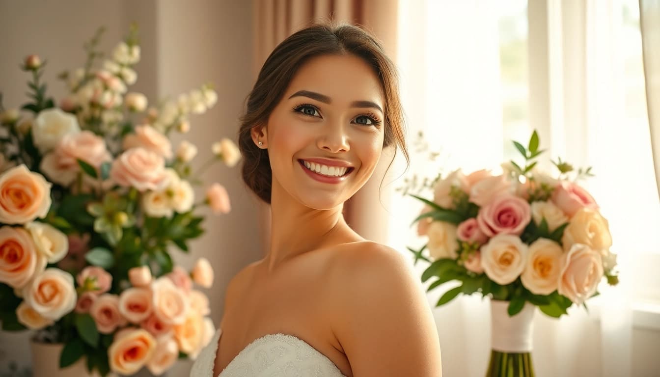Bridal styling con una sposa elegante in abito da matrimonio circondata da fiori e luce naturale