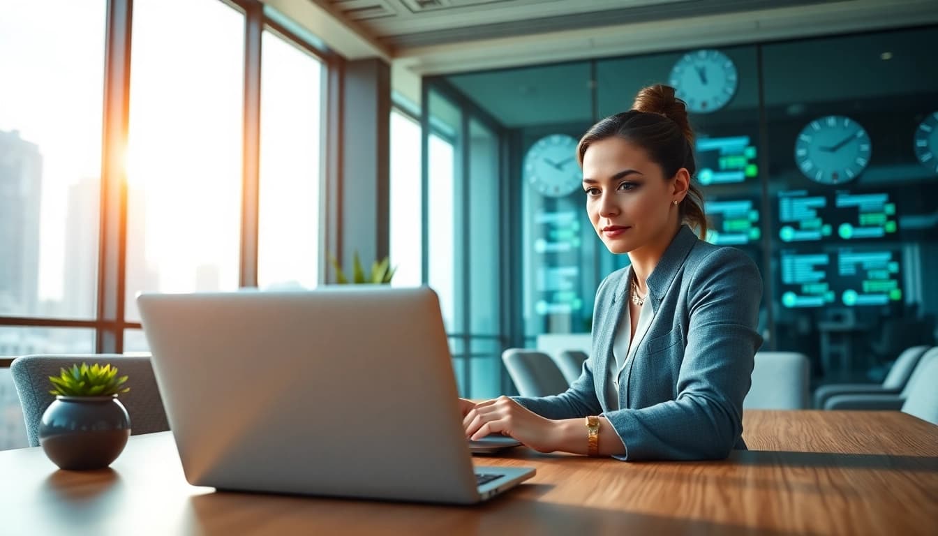 Optimize AI scheduling with time zones in a professional office environment with digital clocks.