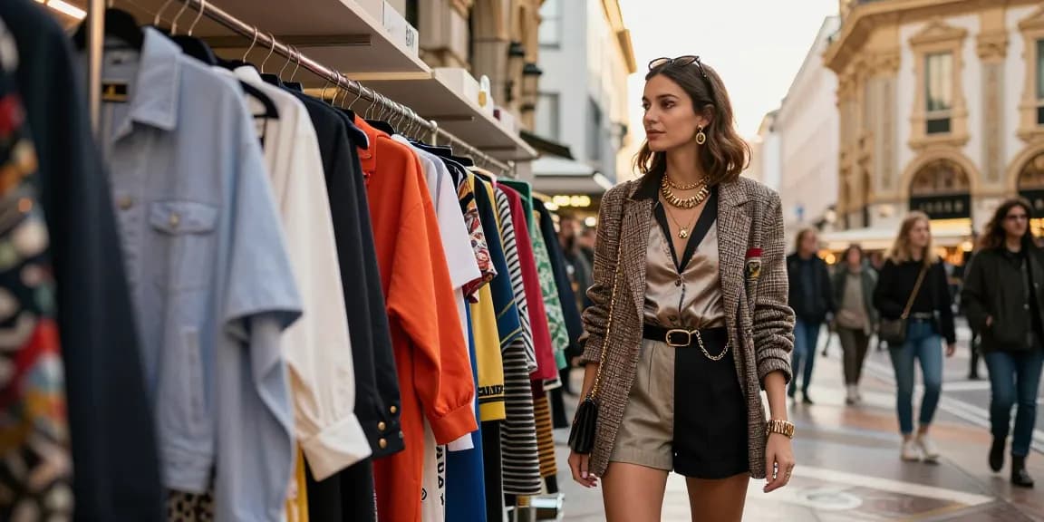 Consulenza d'immagine Milano: donna alla moda in un vivace quartiere milanese, mostrando il suo stile unico con un guardaroba aperto in evidenza.