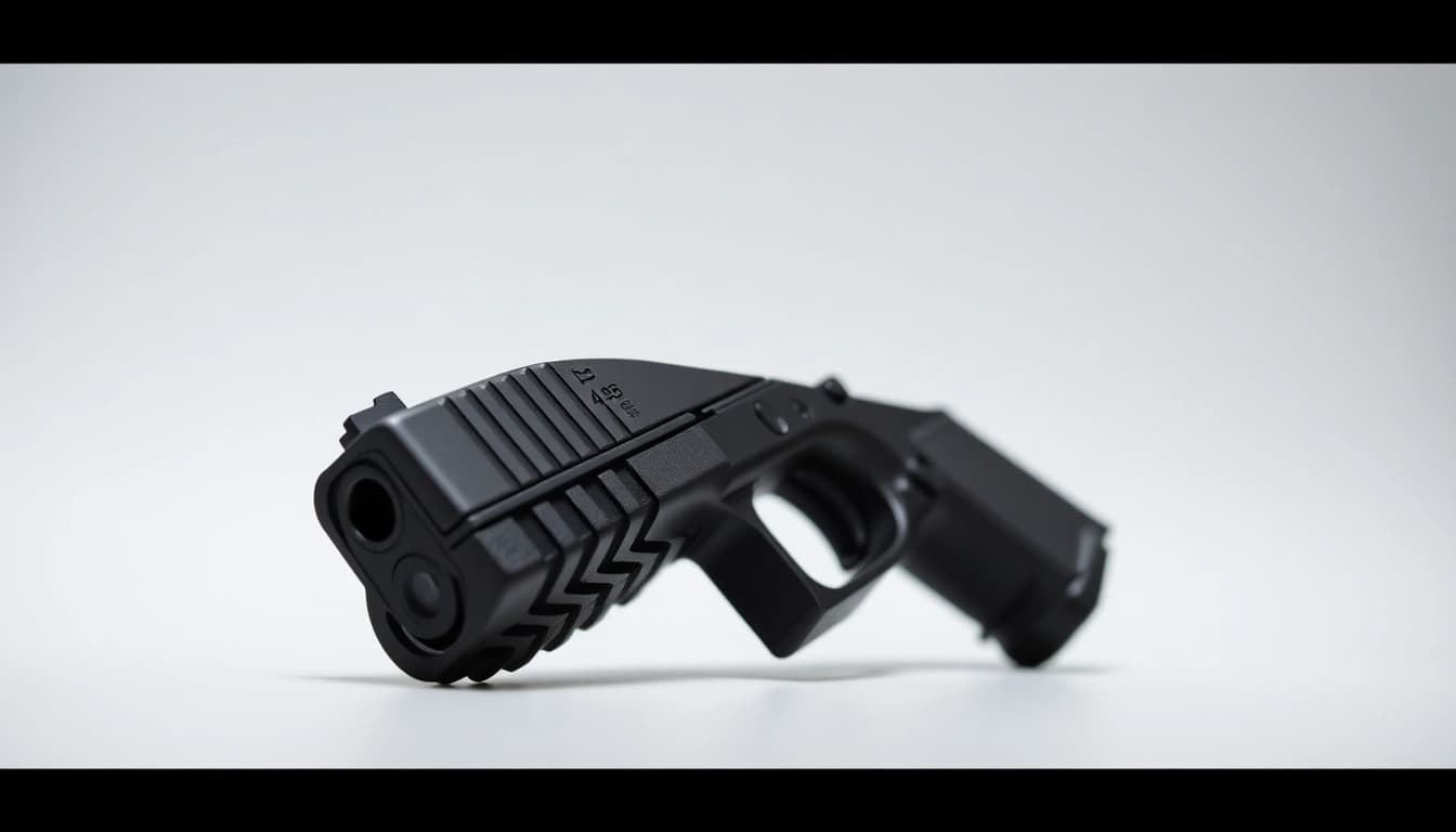 Display of a glock 48 slide featuring intricate details and a sleek design.