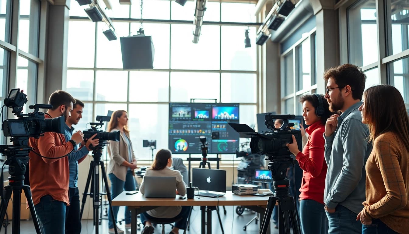 Engaged team in video production edmonton collaborating on creative projects in a modern studio.