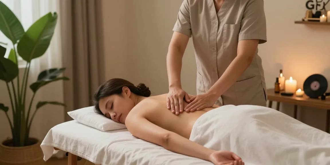 마사지 중인 고객과 아로마 오일이 있는 편안한 테라피룸