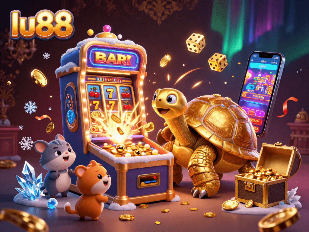 Experience the excitement at lu88 with dynamic gameplay visuals featuring a golden tortoise and casino elements.
