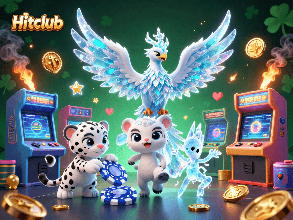 Hitclub showcases a vibrant 3D illustration with an ice phoenix, snow leopard playing poker, and dancing ice sprites.