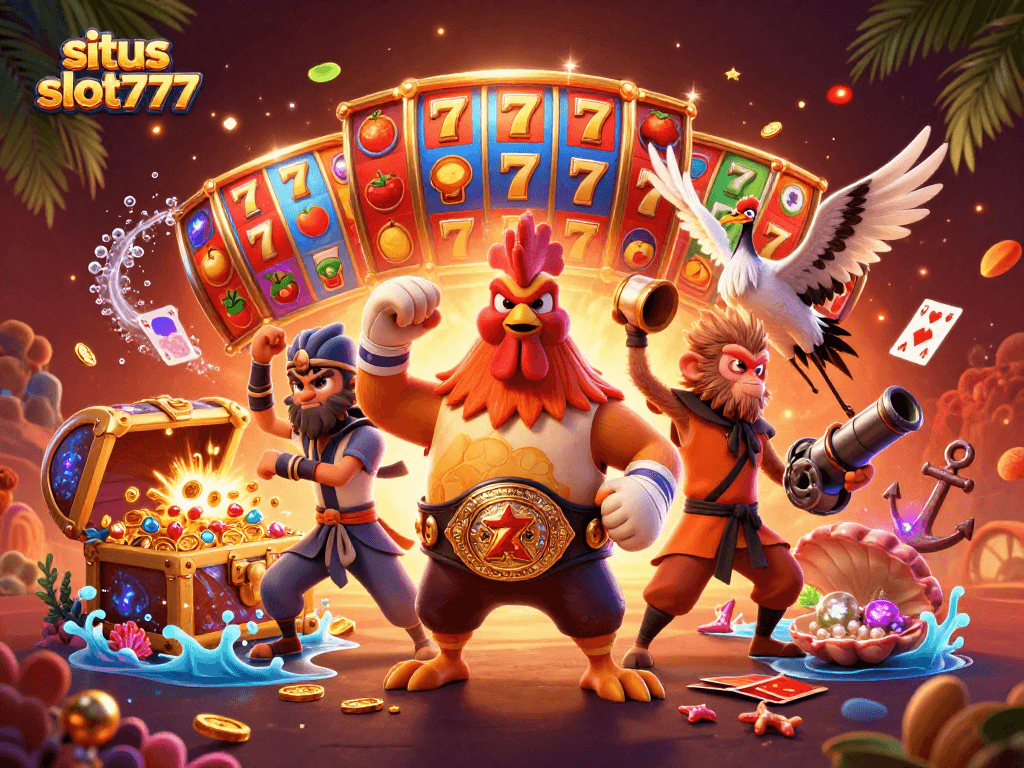 Spark excitement at situs slot777 with a vibrant 3D casino scene featuring colorful slot elements and dynamic characters.