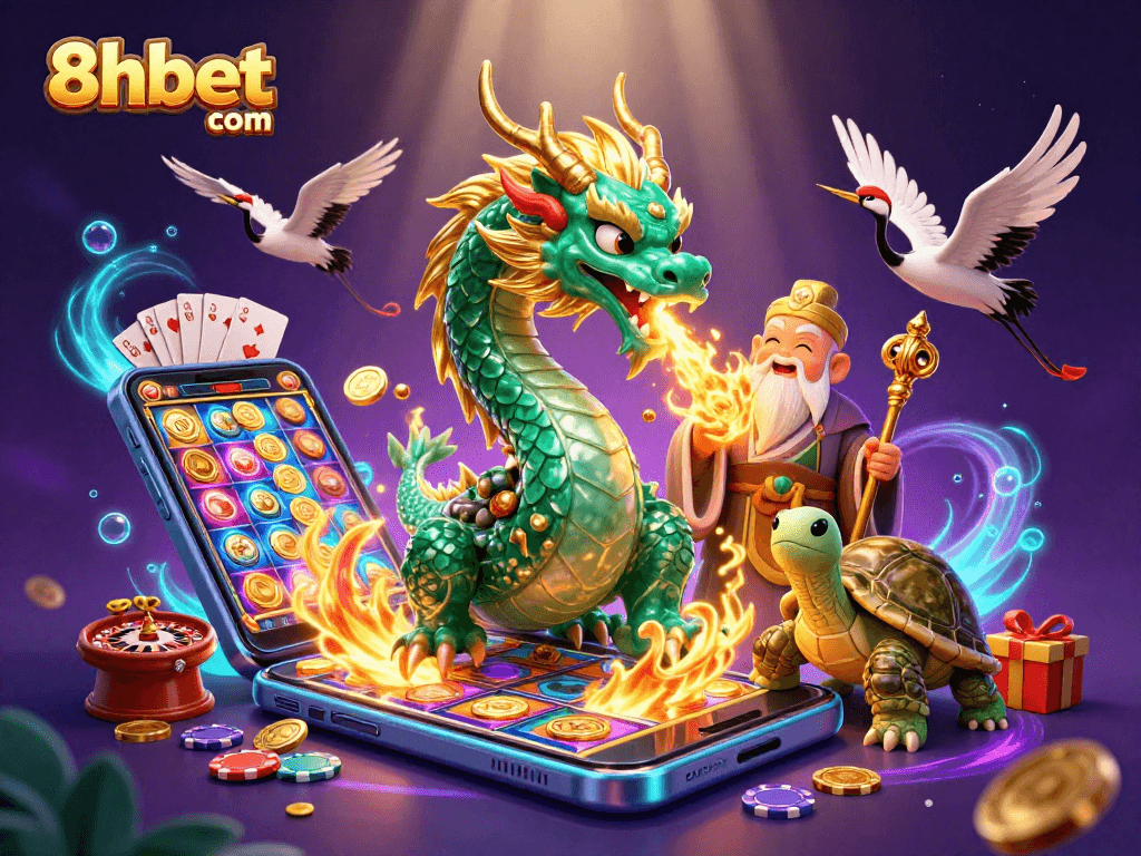 Win big with 8xbet com's vibrant casino scene showcasing dragon, turtle, and cranes.