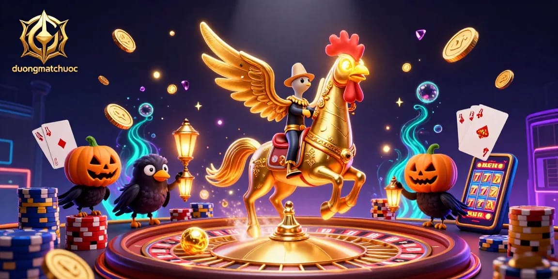 Experience the thrilling duongmatchuoc scene with a golden rooster and sparkling casino elements.
