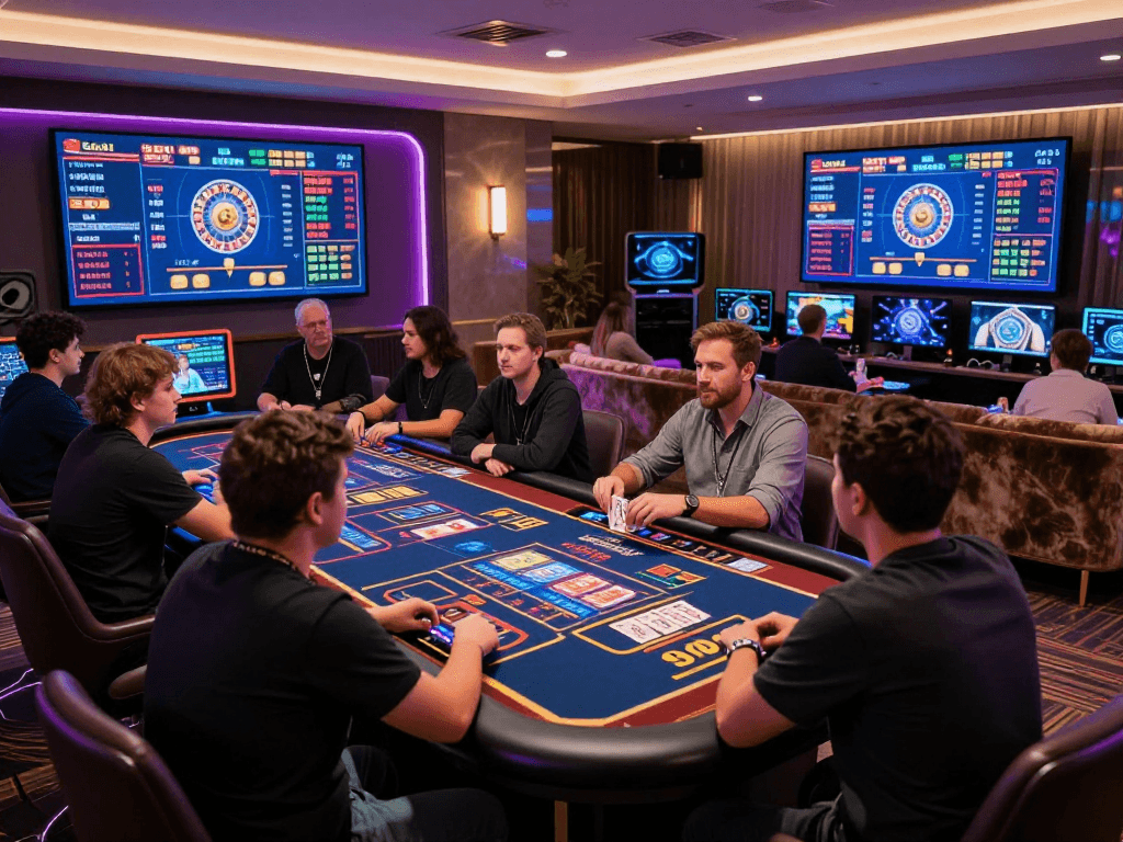 Dynamic crypto casino scene with players and live dealers, showcasing vibrant digital interfaces and cryptocurrency gaming elements