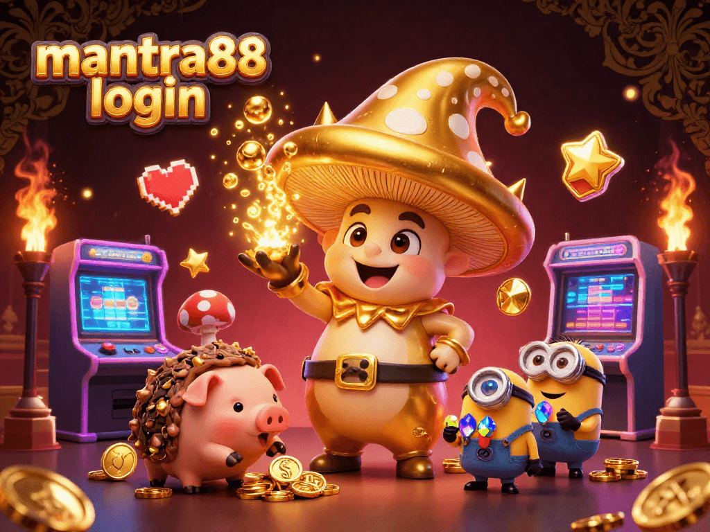 Engage with mantra88 login for exciting slot games featuring a golden mushroom wizard and magical treasures.
