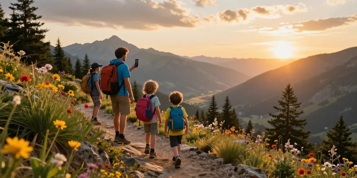 Family hiking during sunset while preparing for mantra88 login to access adventure channels.