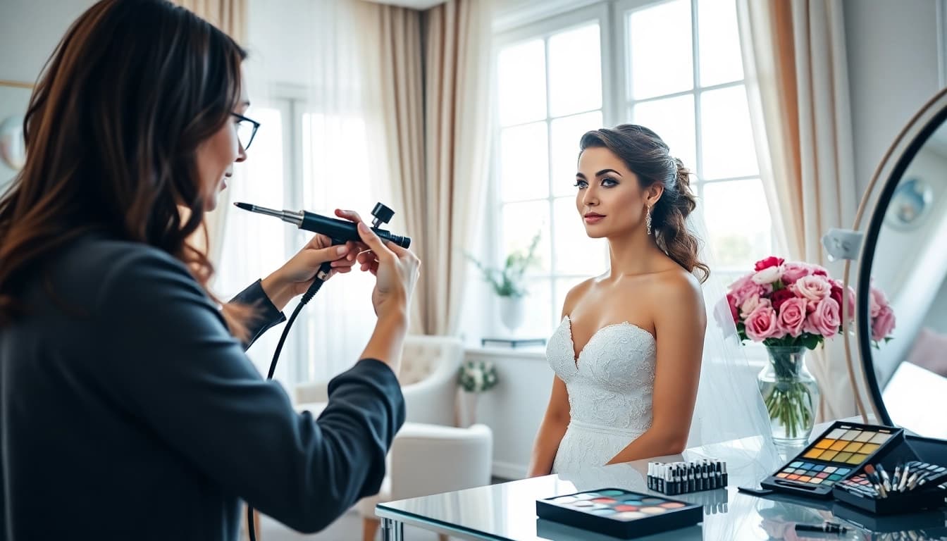 Airbrush makeup artist Dallas applying flawless makeup for a bridal model in a chic studio.