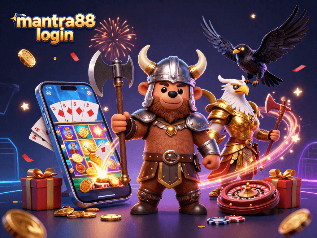 Experience the thrill and fun of mantra88 login with a dynamic casino scene featuring engaging characters and games.