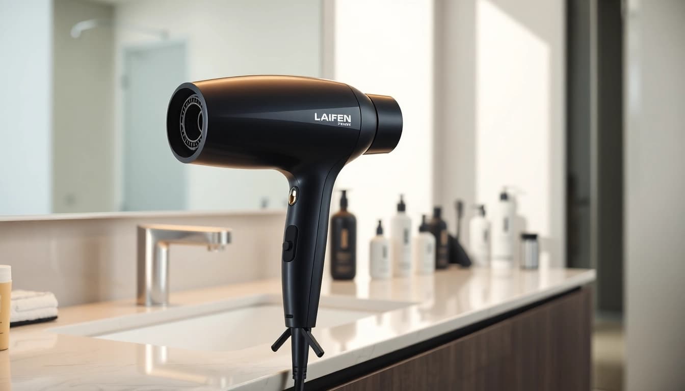 Style hair efficiently with the Laifen hair dryer in a modern bathroom setting.