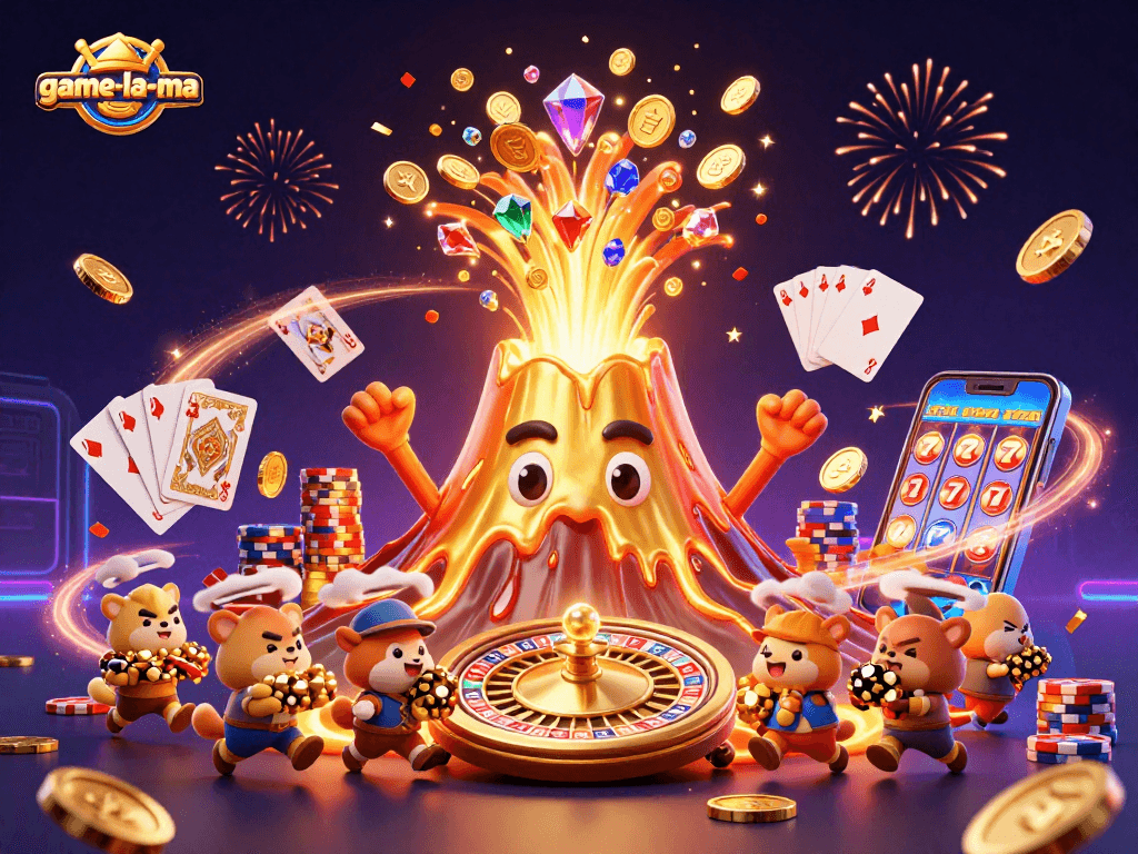 Experience thrilling wins with game-la-ma's energetic casino illustration showcasing vibrant gaming elements.