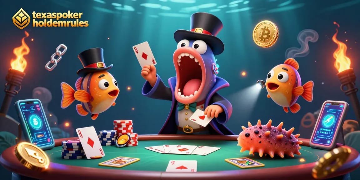 Experience the excitement of texas poker with 3D characters and vibrant casino elements in this magical illustration.