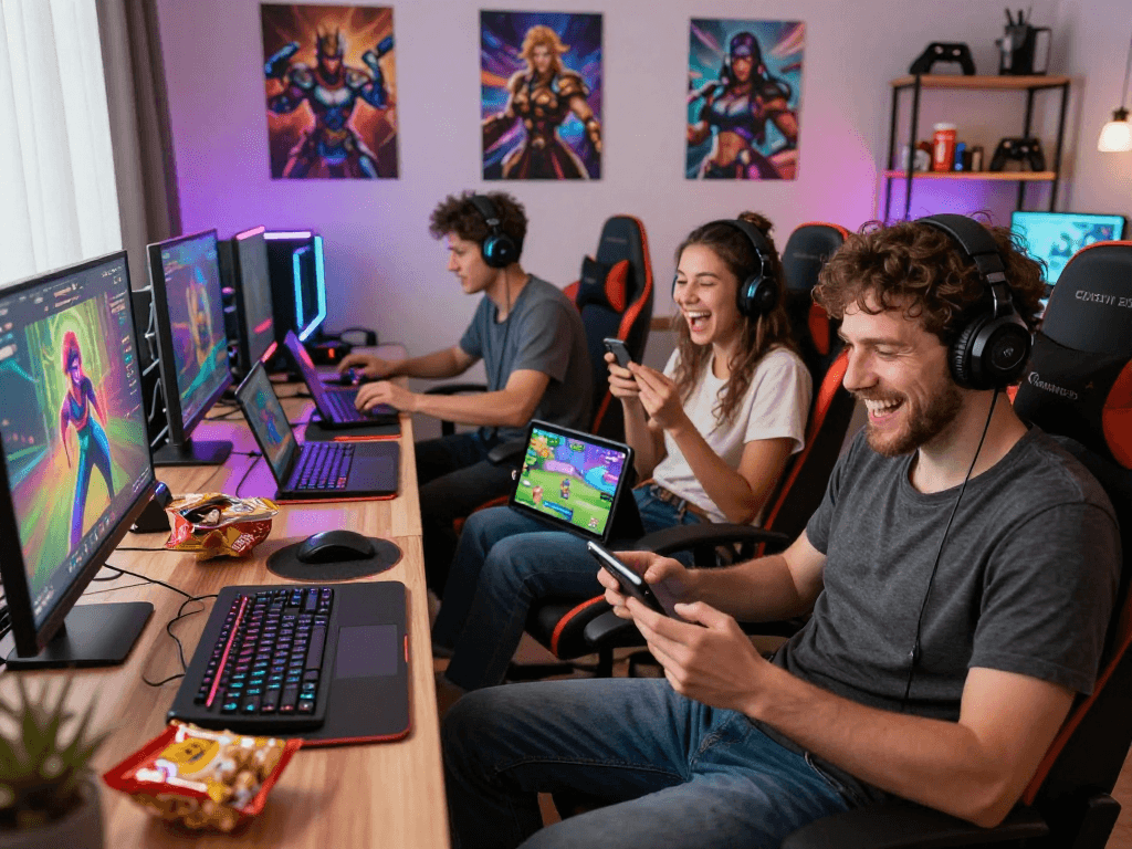 Players enjoying engaging sex games online on various devices in a vibrant gaming setting.