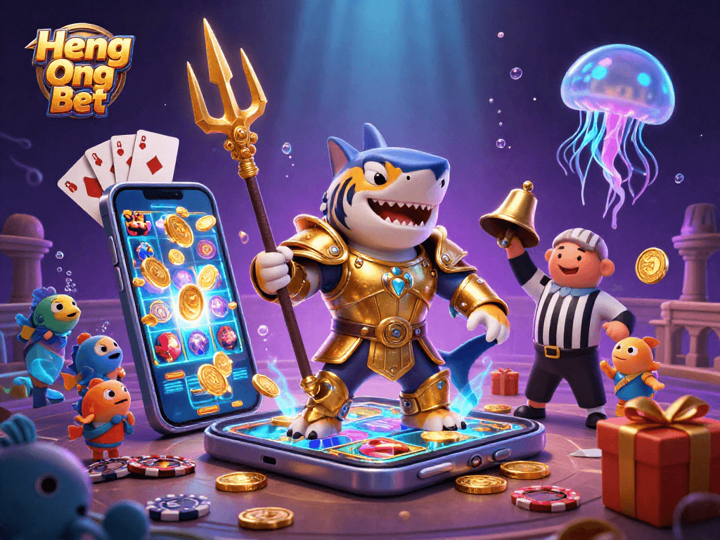 Experience thrilling action with Heng Ong Bet’s vibrant underwater casino scene featuring a tiger shark.