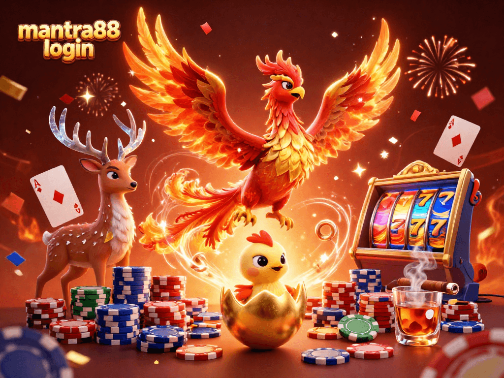 Experience excitement in the mantra88 login scene featuring vibrant slot reels and winning poker hands.