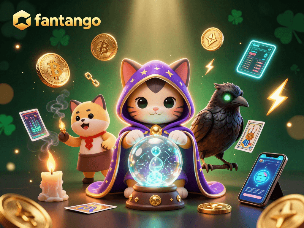 Engage in the enchanting world of fantango with mystical elements and vibrant cryptocurrency visuals.