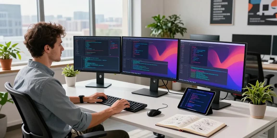 Innovative software development workspace showcasing coding activities at https://www.www456bd.com/ with bright city views.