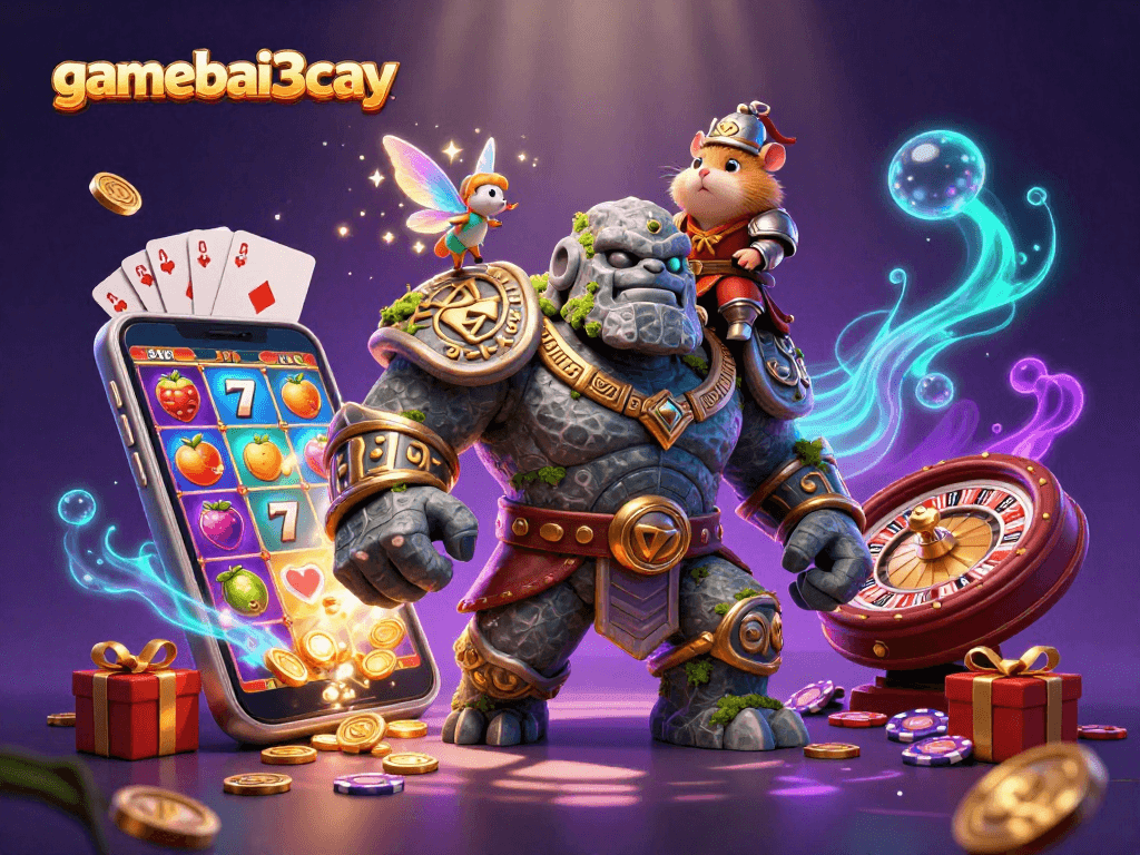Gamebai3cay brings life to ancient guardians as they celebrate slots magic.