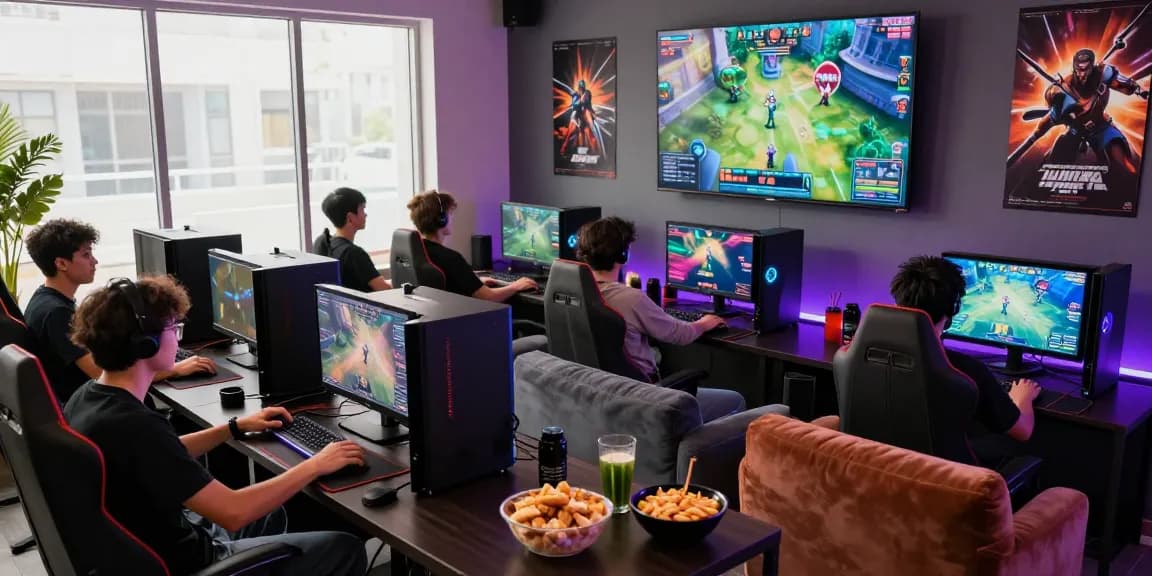 Engaging gaming lounge scene highlighting mantra88 login experience with friends immersed in online gaming.