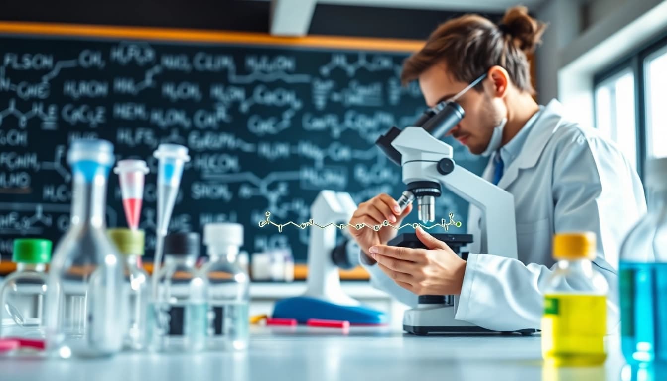 Peptidology-based research lab scene with a scientist studying peptide samples in a modern environment.