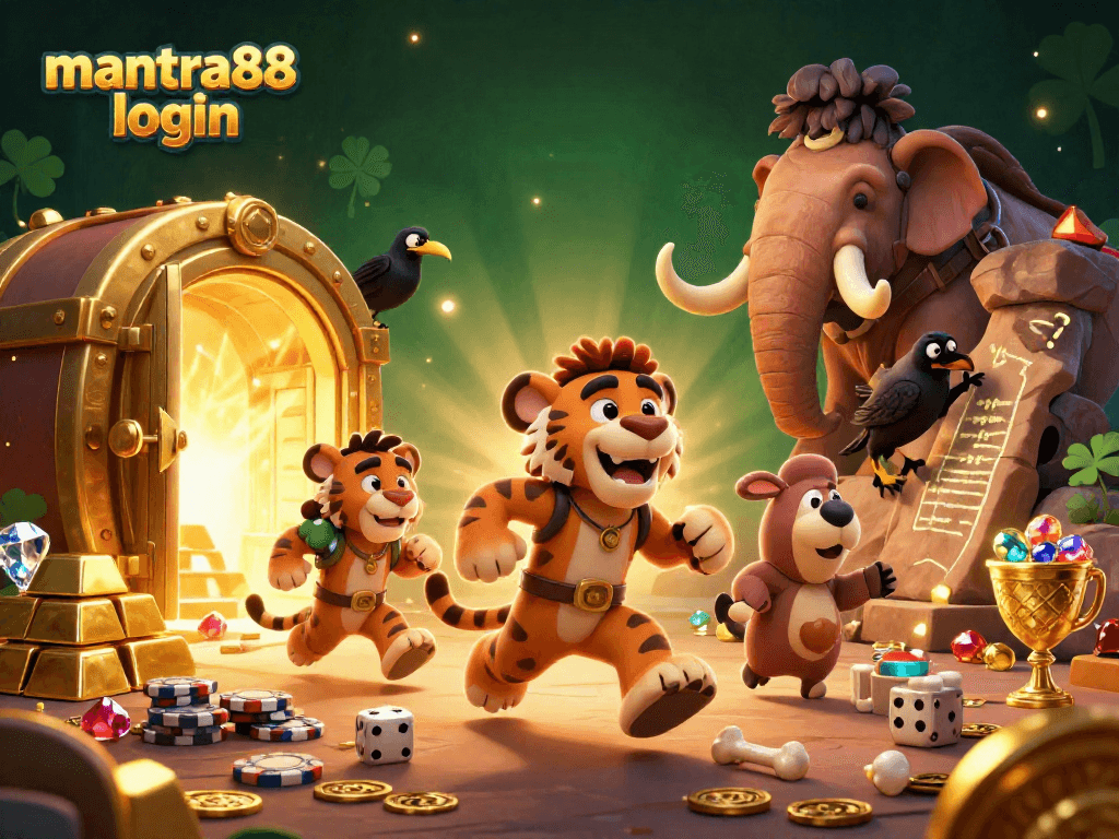 Experience the excitement of mantra88 login with a dynamic caveman casino scene featuring treasure and playful characters.