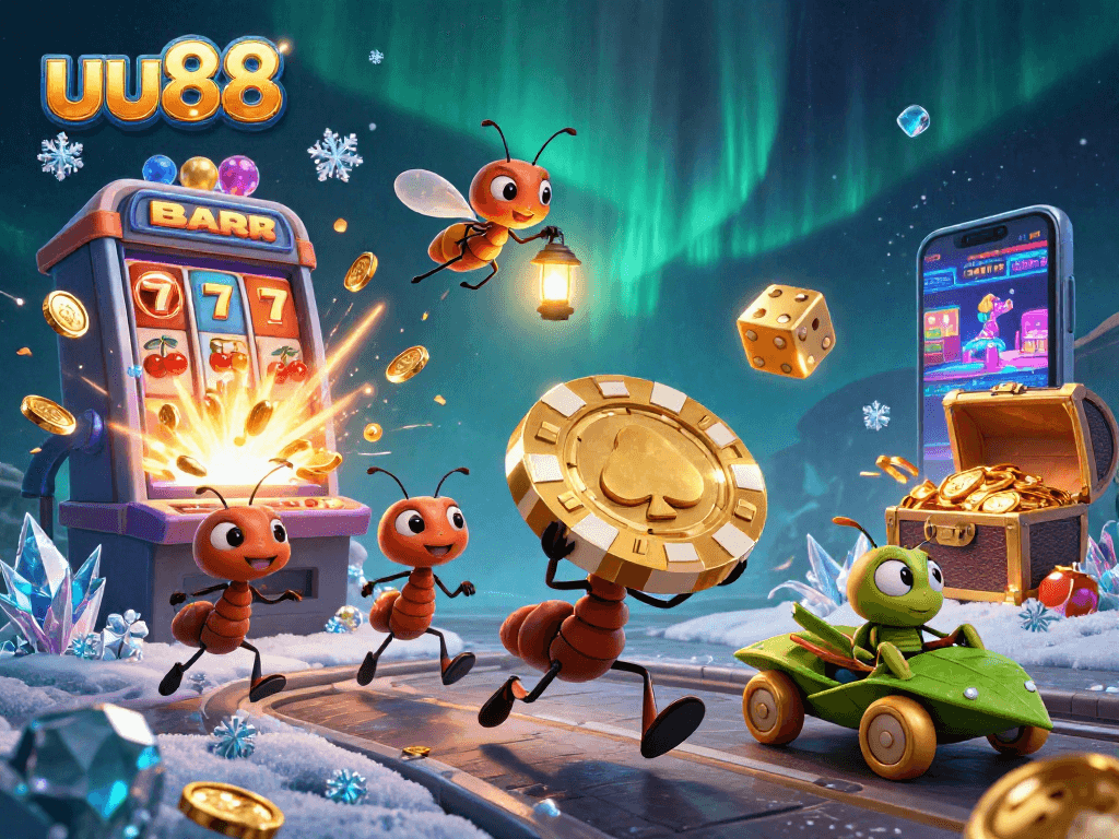 Experience the excitement of uu88 with ants carrying a giant poker chip and rich casino elements.