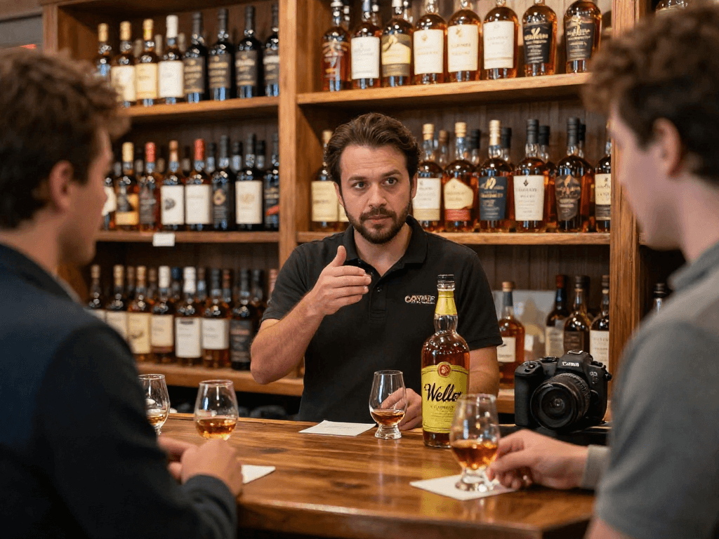 Engaging scene with Weller Antique 107 Bourbon at a welcoming liquor store, featuring knowledgeable staff and premium bourbon selection.