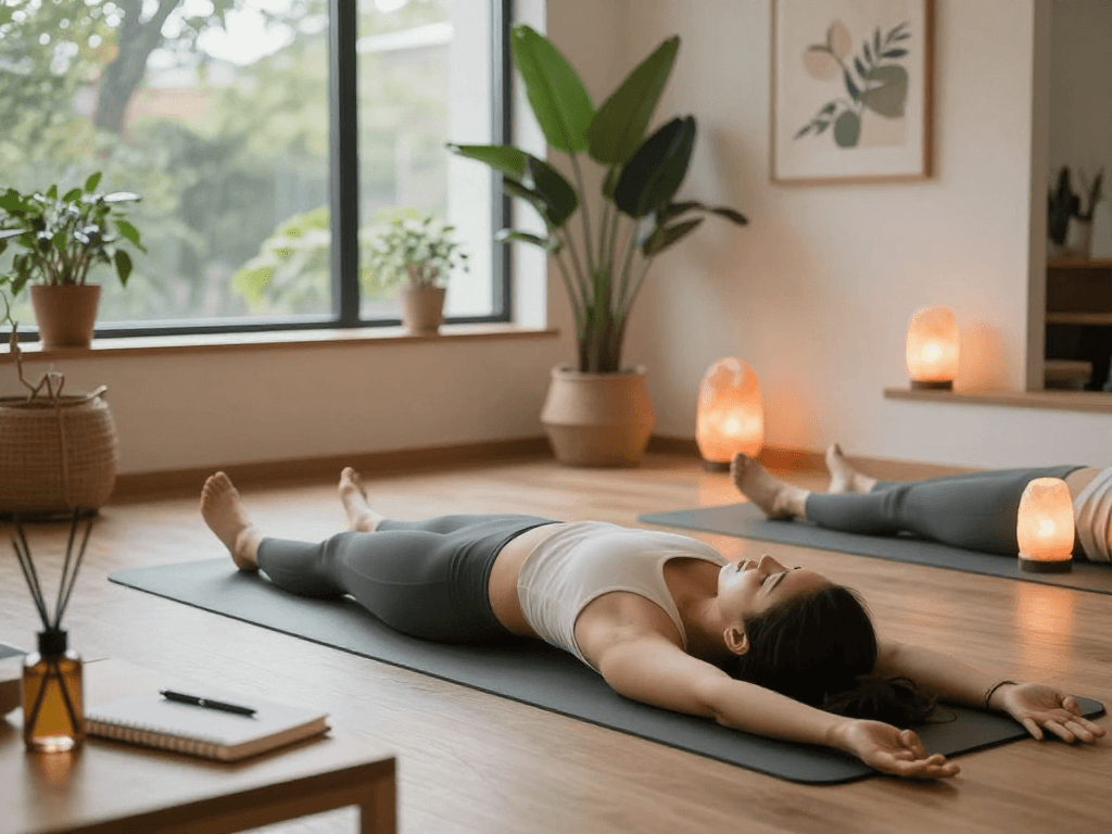 Practicing meditation in a serene wellness studio highlighting mantra88 benefits for mindfulness.