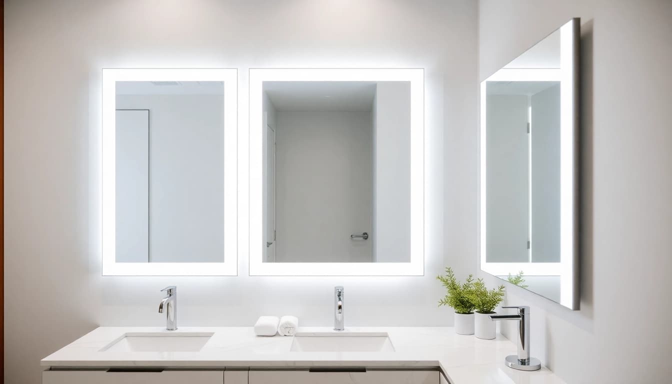 Decorative bathroom mirrors with lights enhancing a modern bathroom setting and providing bright illumination.