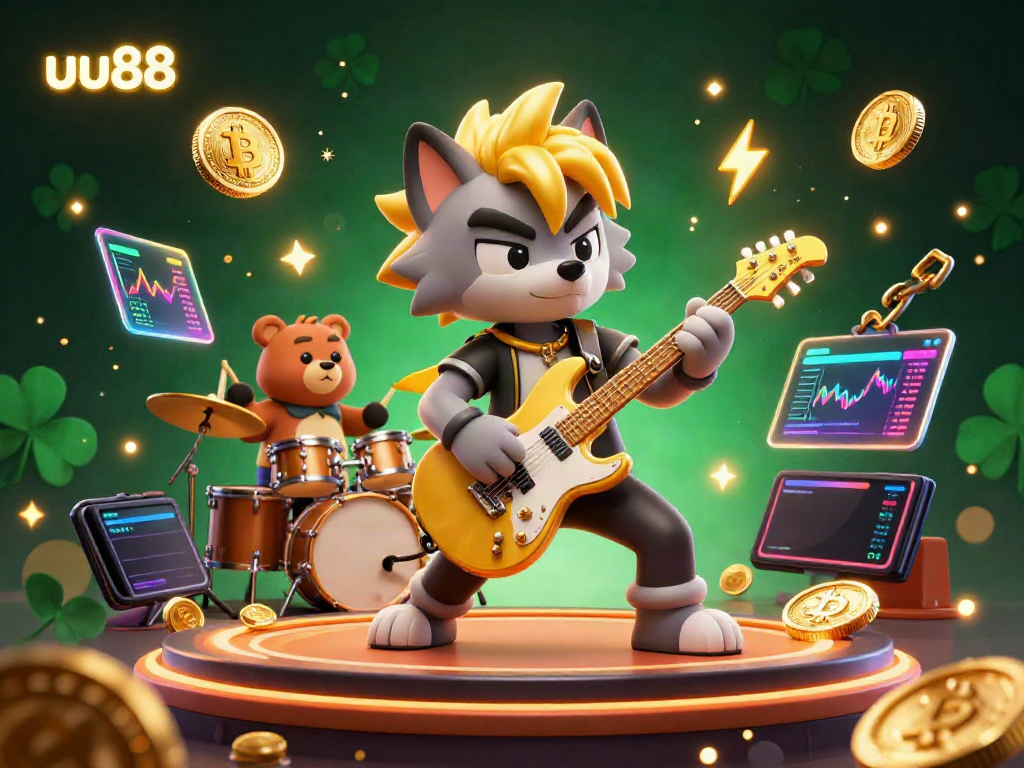 Experience the thrill of uu88 as a rock star wolf shreds a golden guitar on a vibrant casino stage.