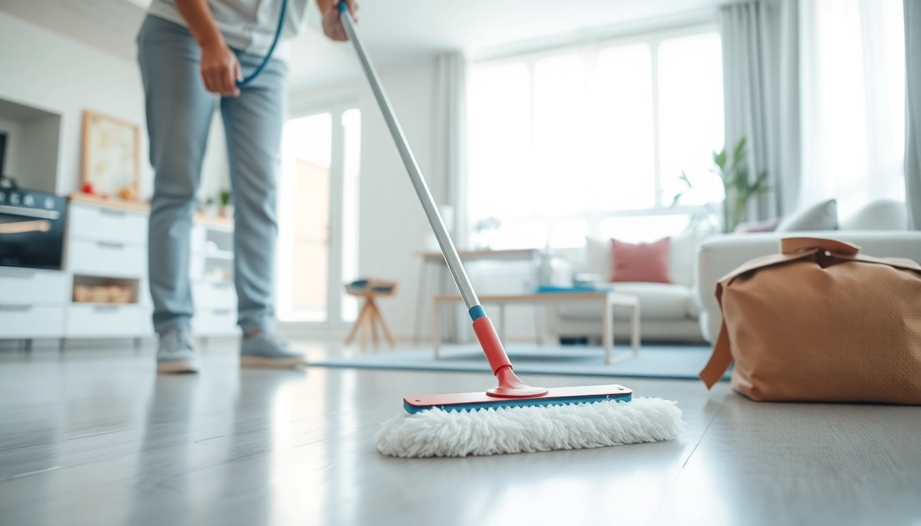 Expert bond cleaning Logan service showcasing spotless floors and a professional cleaner at work.