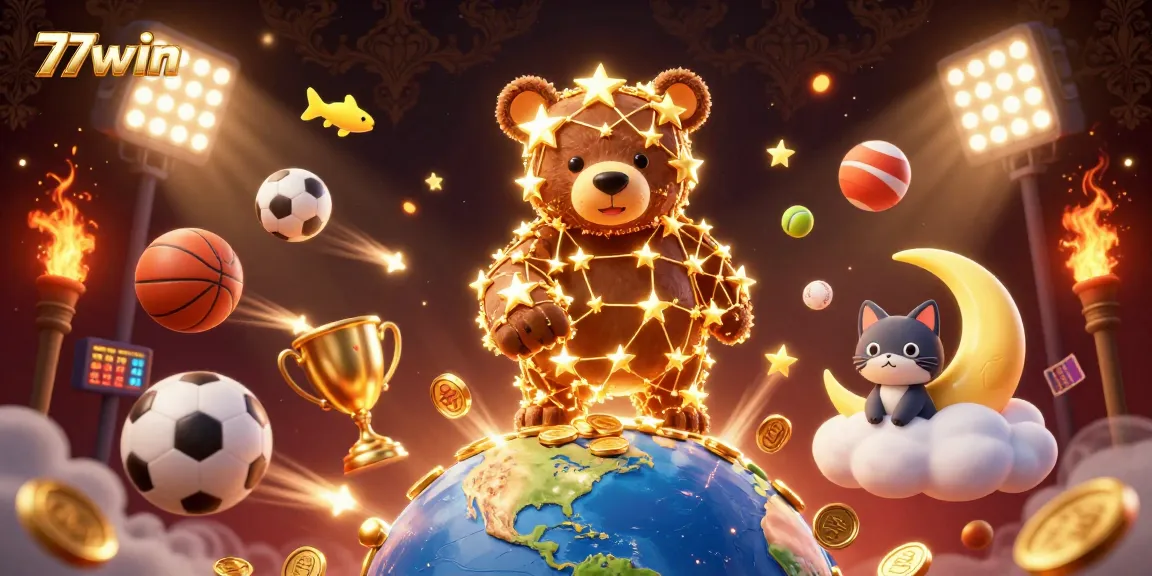 Engage with exciting 77win gaming as a constellation bear scoops up coins amidst vibrant casino elements.