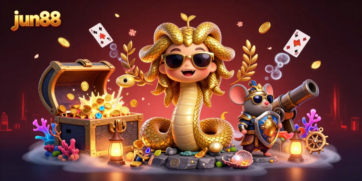 Experience epic wins with jun88's captivating 3D casino scene featuring Medusa and warrior mouse.
