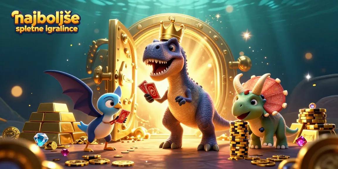 Najboljše spletne igralnice z 3D ilustracijo T-Rexa in igralnih elementov ter zlata.