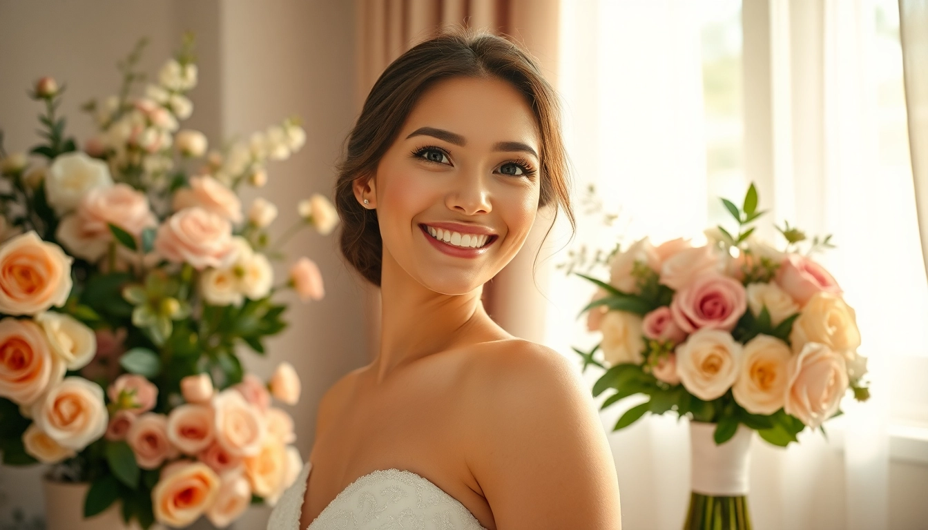 Bridal styling con una sposa elegante in abito da matrimonio circondata da fiori e luce naturale