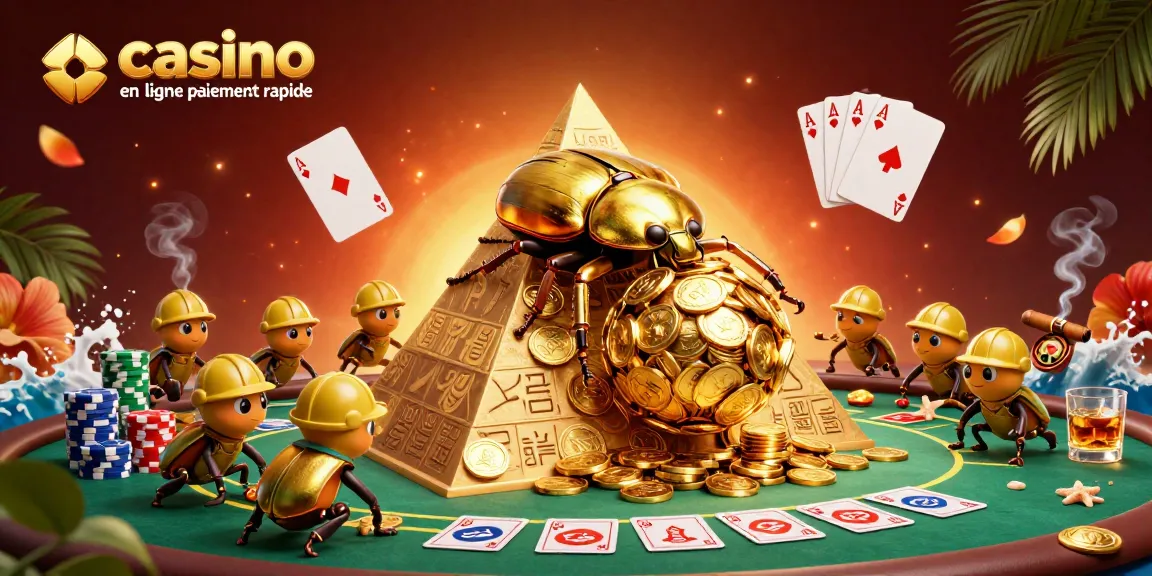 Illustration dynamique de casino en ligne paiement rapide avec un scarabée doré et des jetons multicolores.
