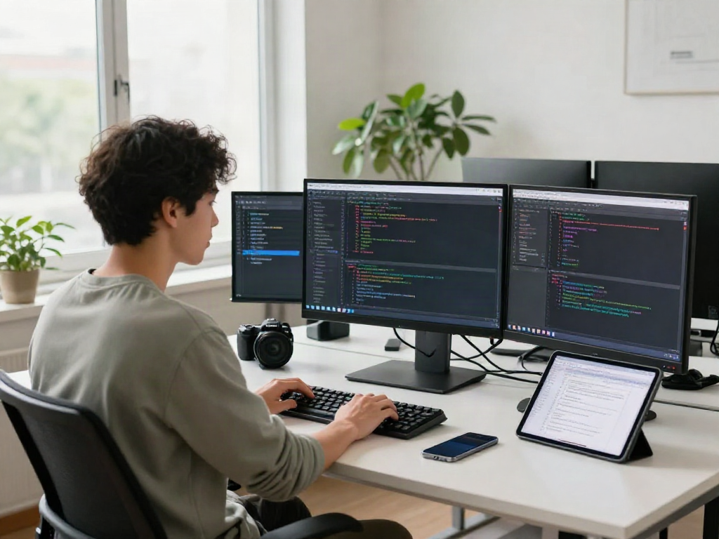 Crushon tech workspace scene with software developer coding at multiple screens, showcasing a professional and innovative atmosphere.