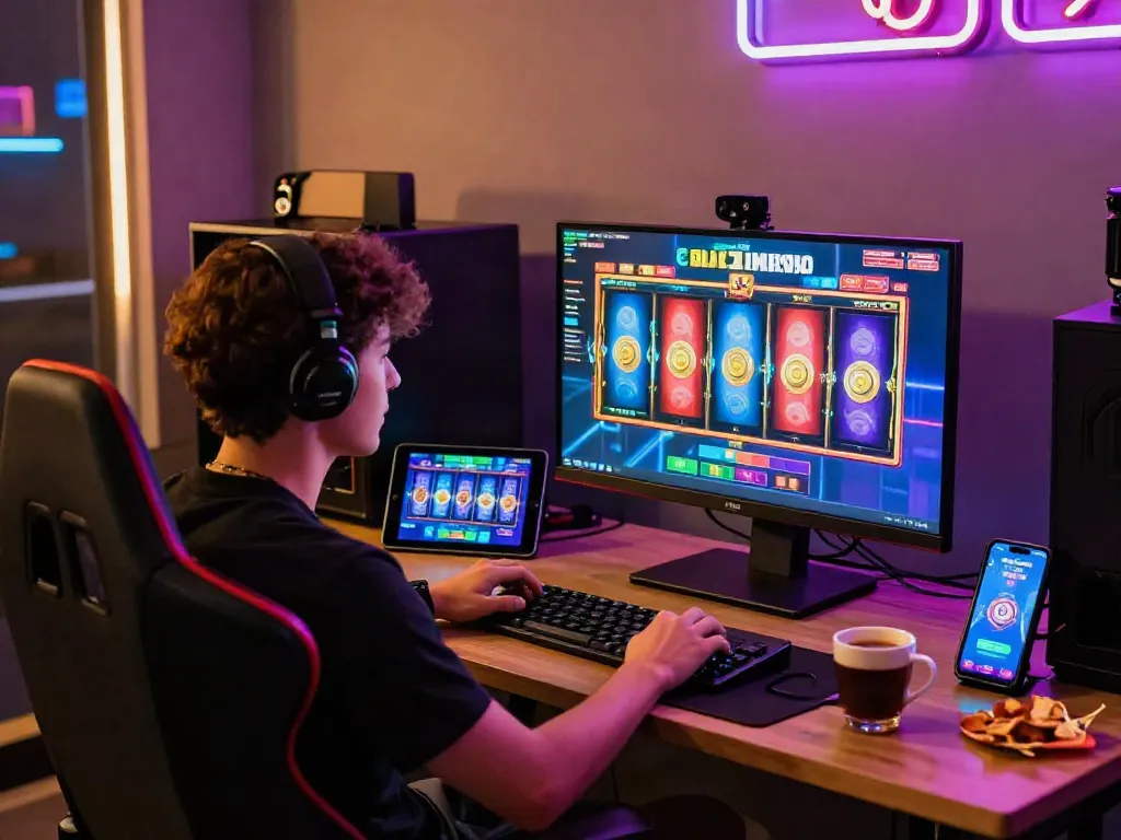 Player engaged with slot gacor maxwin on computer in vibrant gaming setup with snacks and multiple devices.