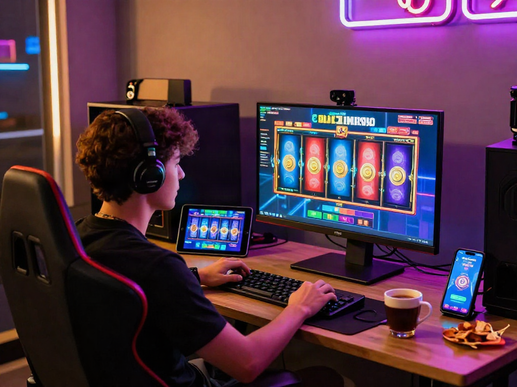 Player engaged with slot gacor maxwin on computer in vibrant gaming setup with snacks and multiple devices.