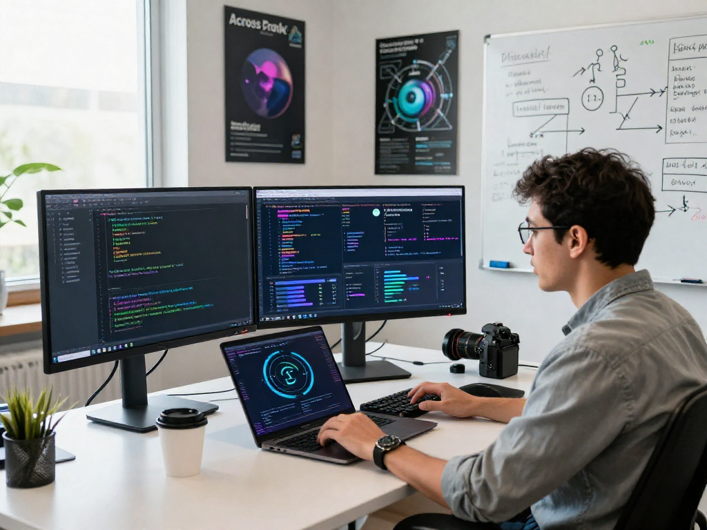 Dynamic tech workspace showcasing developer at work with AcrossProtocol functionality on screens, emphasizing innovation and collaboration in blockchain.
