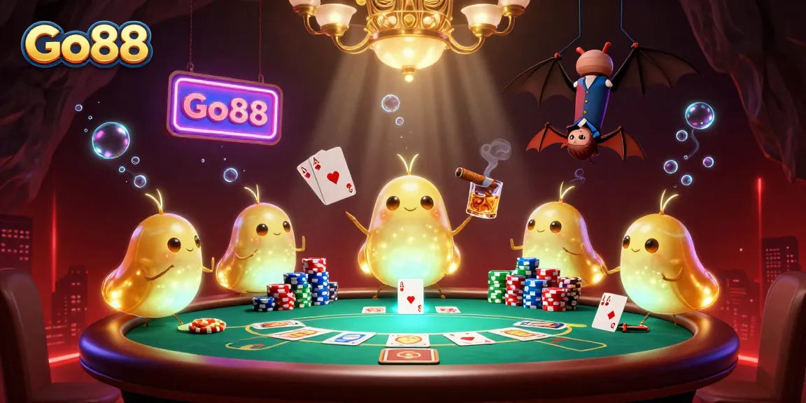 Experience the vibrant Go88 casino with playful glowworms illuminating the poker scene under colorful bioluminescent effects.