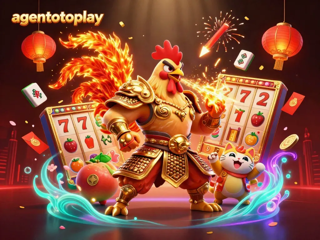Engage with thrills at agentotoplay featuring a victorious rooster warrior and dragon hatchling among casino symbols.