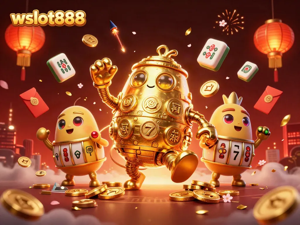 Memperoleh jackpot dengan permainan wslot888, mengelilingi karakter golem emas dengan simbol slot.