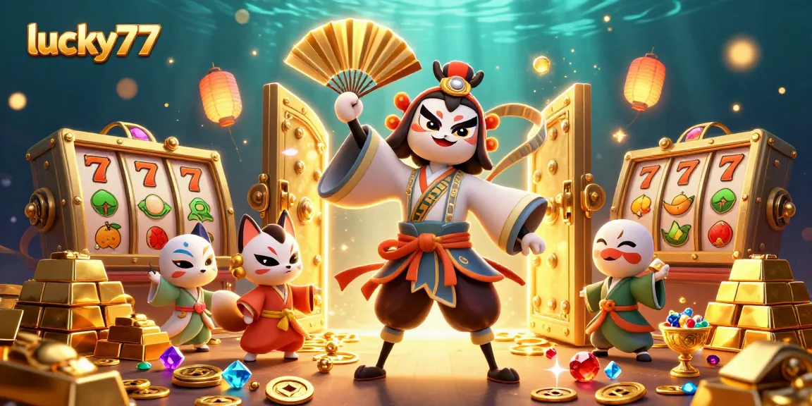 Engage with lucky77's energetic casino world, featuring a kabuki warrior among dazzling slots and treasure.