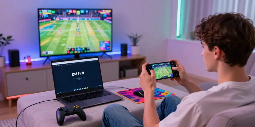 Engaged player enjoying DM First color-prediction game on mobile in cozy gaming setup.
