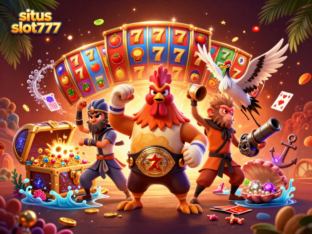 Spark excitement at situs slot777 with a vibrant 3D casino scene featuring colorful slot elements and dynamic characters.