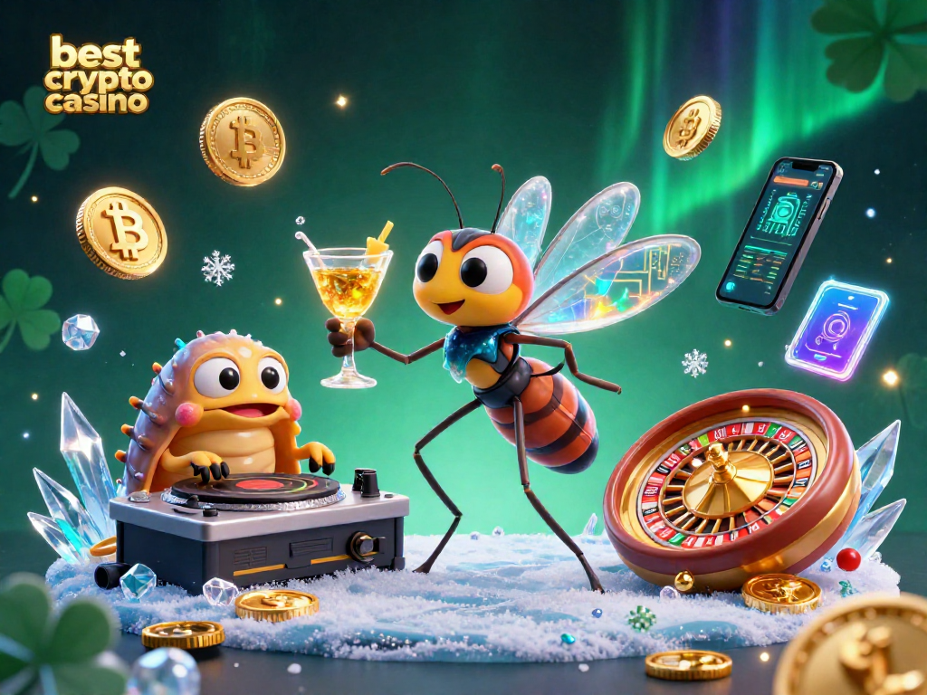Jouez au meilleur crypto casino avec des personnages de casino 3D entourés de cryptomonnaies brillantes.